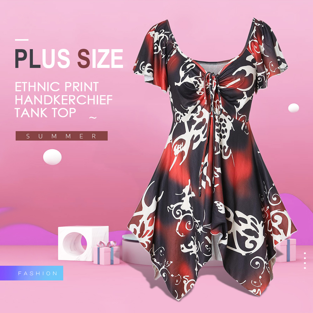 Plus Size Ethnic Print Handkerchief Tank Top