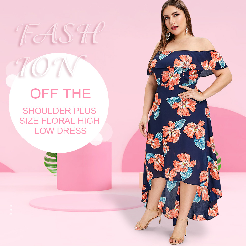 Off The Shoulder Plus Size Floral High Low Dress