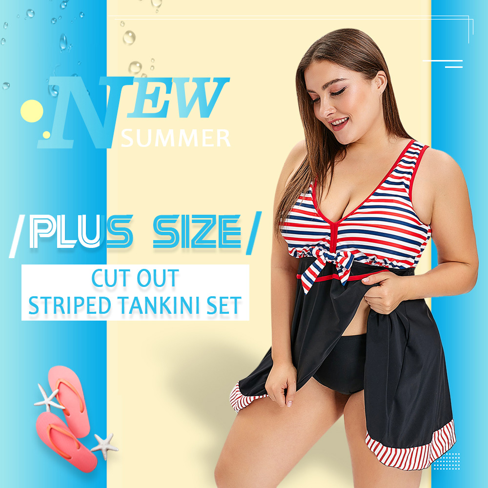 Plus Size Criss Cross Striped Tankin Set