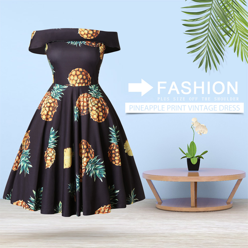 Plus Size Off The Shoulder Pineapple Print Vintage Dress