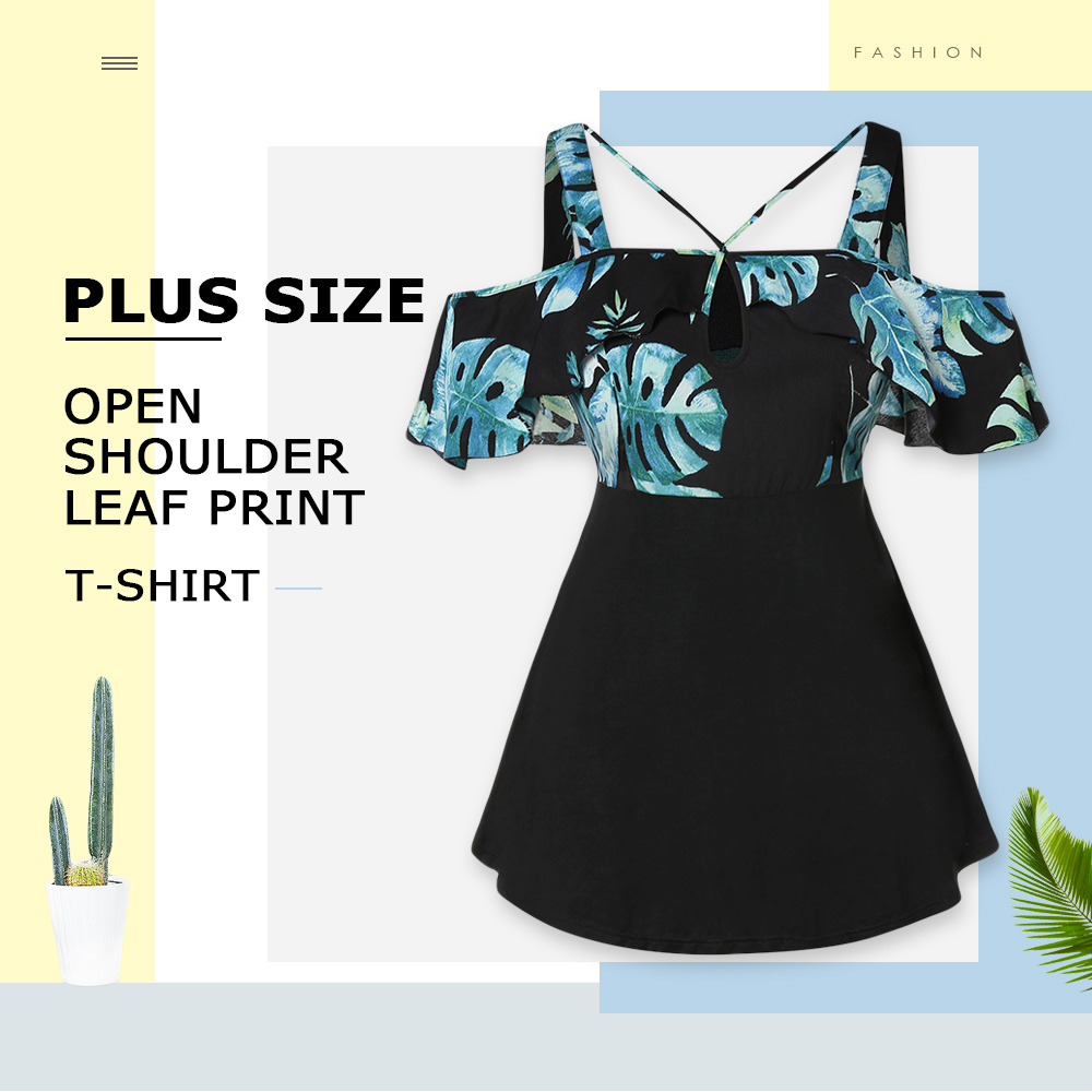 Plus Size Open Shoulder Leaf Print T-shirt