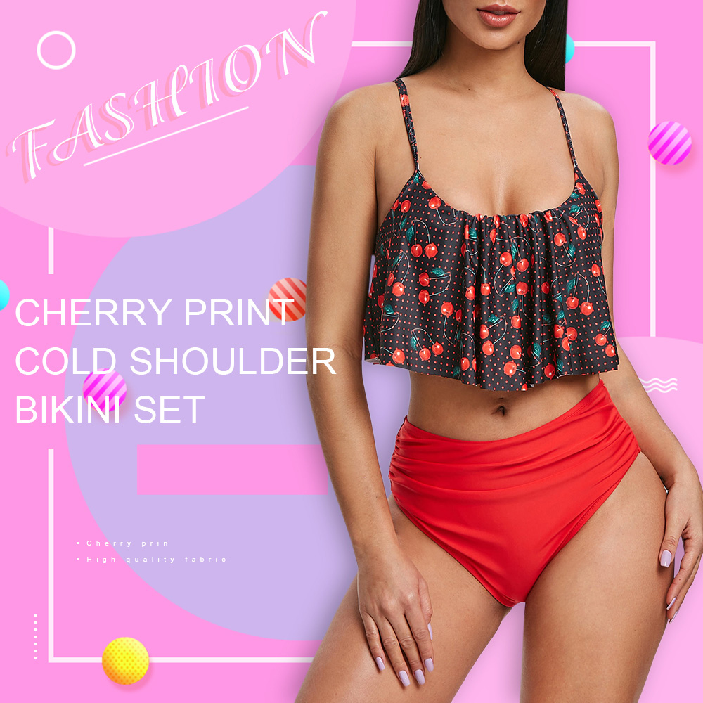Cherry Print Cold Shoulder Bikini Set