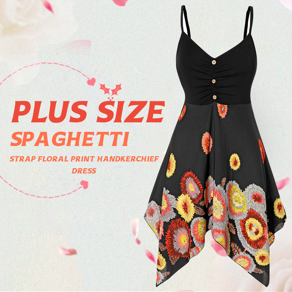 Plus Size Spaghetti Strap Floral Print Handkerchief Dress
