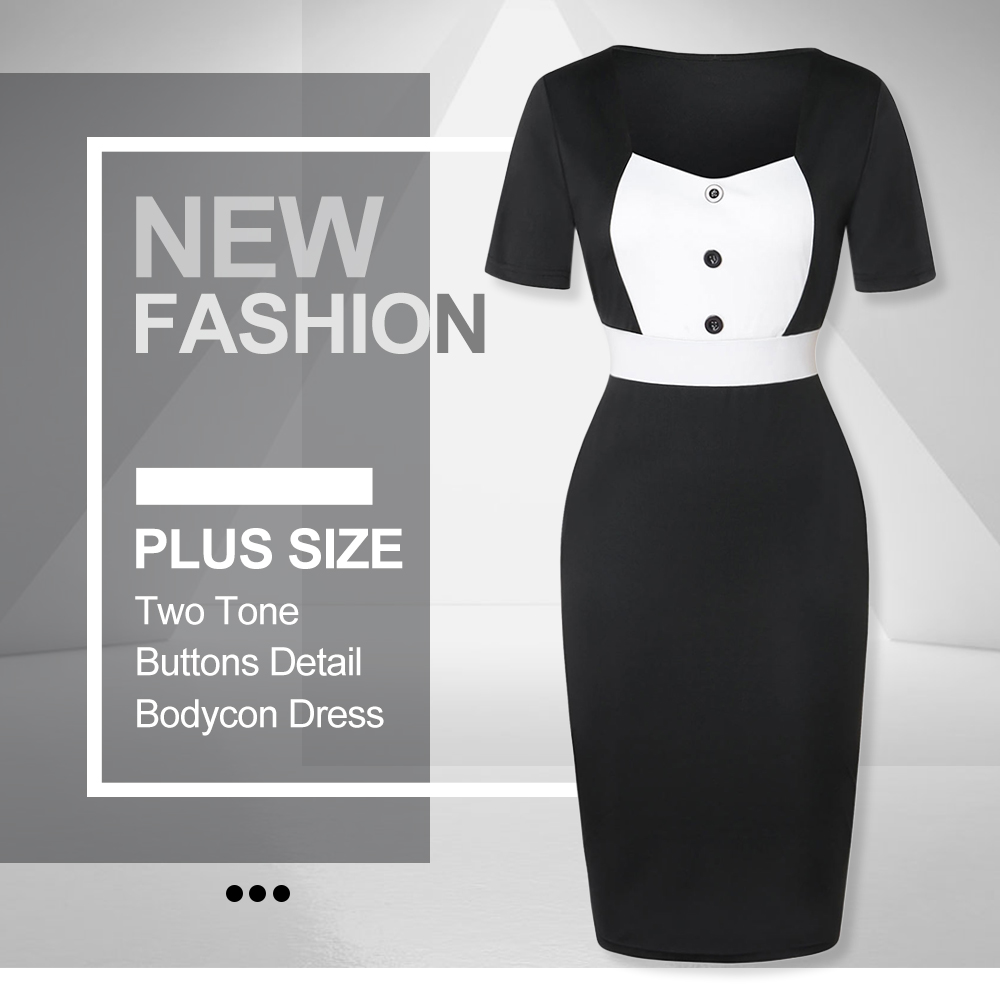 Plus Size Two Tone Buttons Detail Bodycon Dress