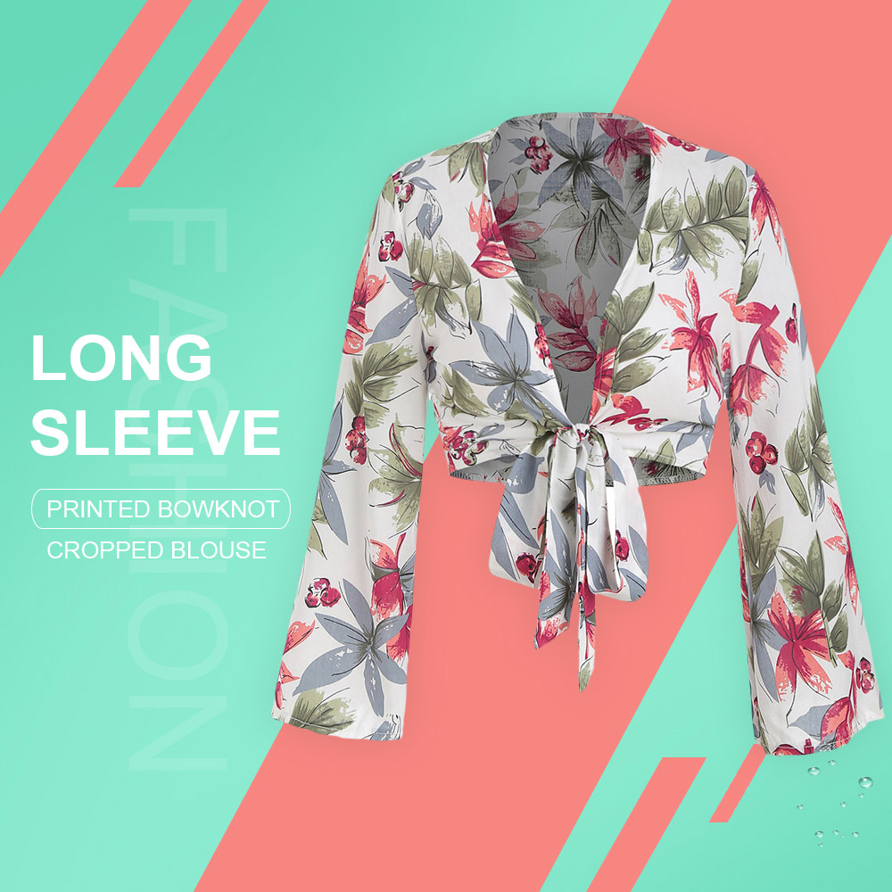 Long Sleeve Printed Bowknot Cropped Blouse