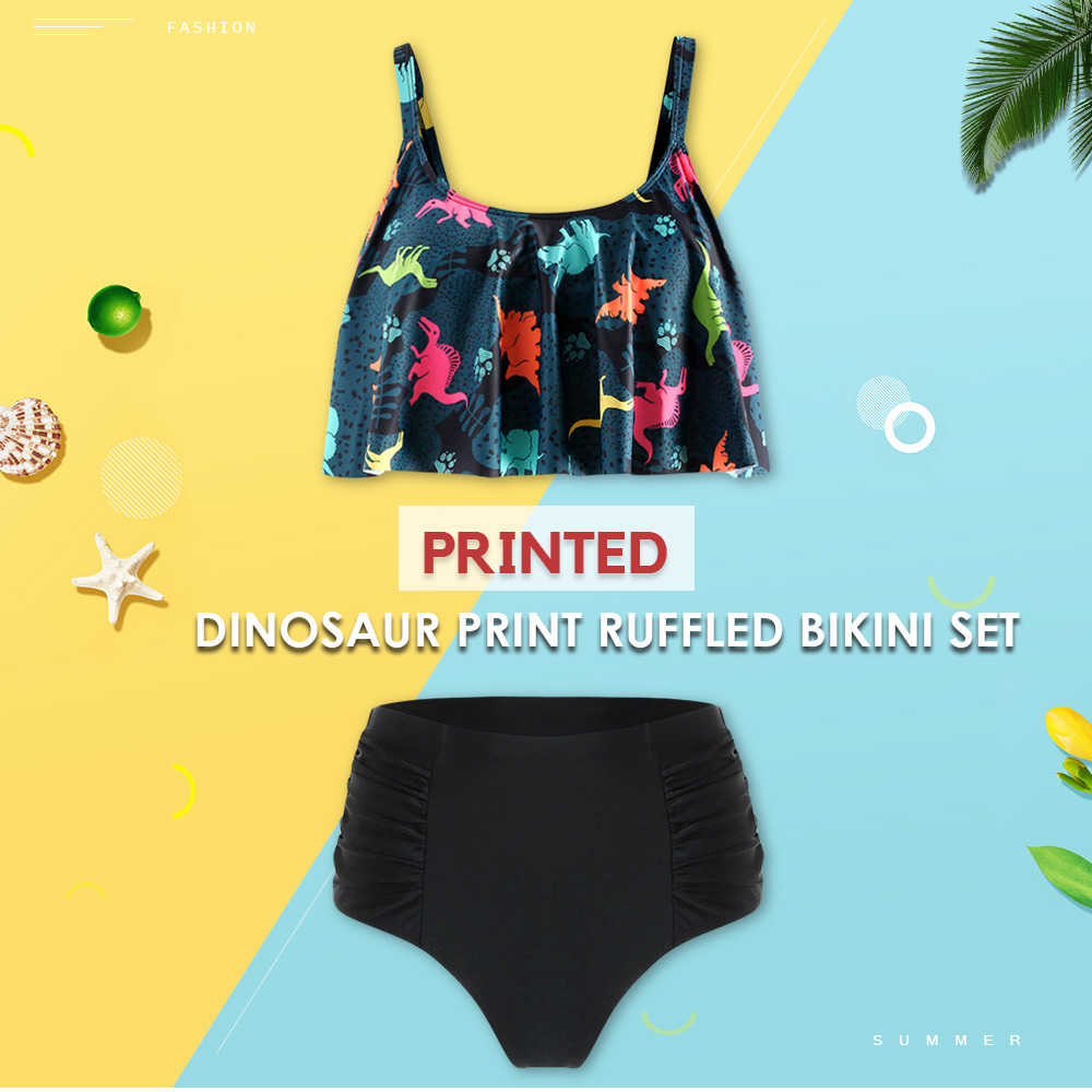 Plus Size Dinosaur Print Ruffled Bikini Set