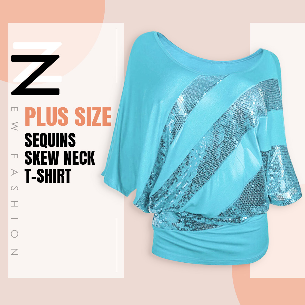 Plus Size Sequins Skew Neck T-shirt