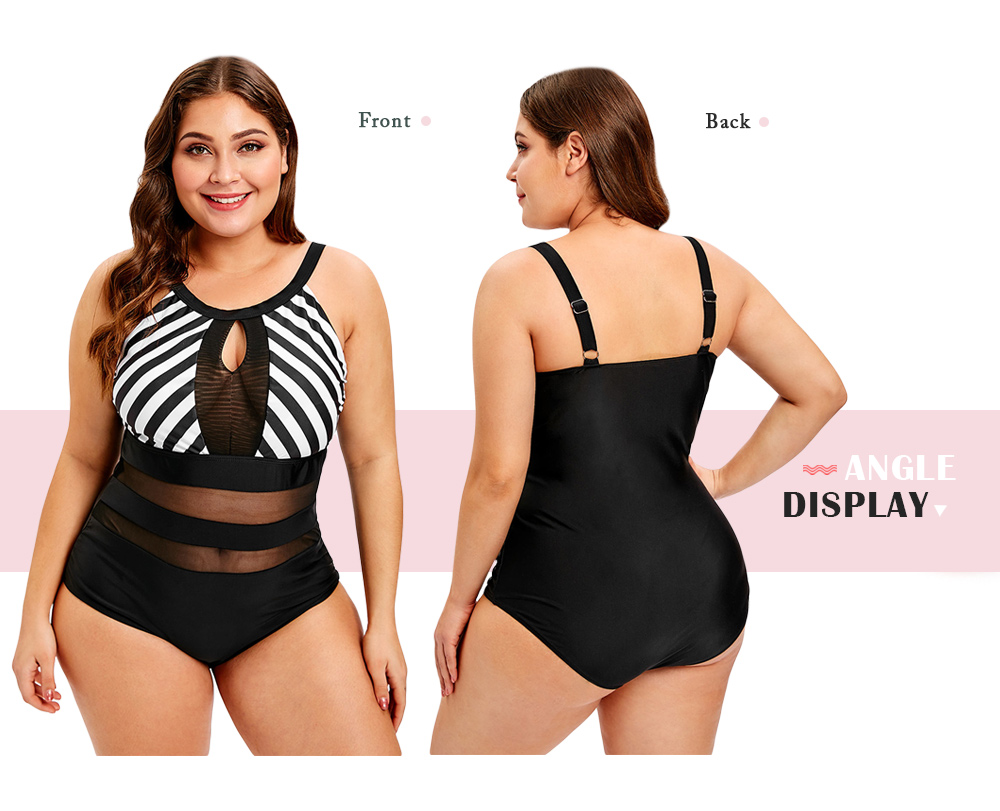 Plus Size Mesh Panel Striped Swimwear