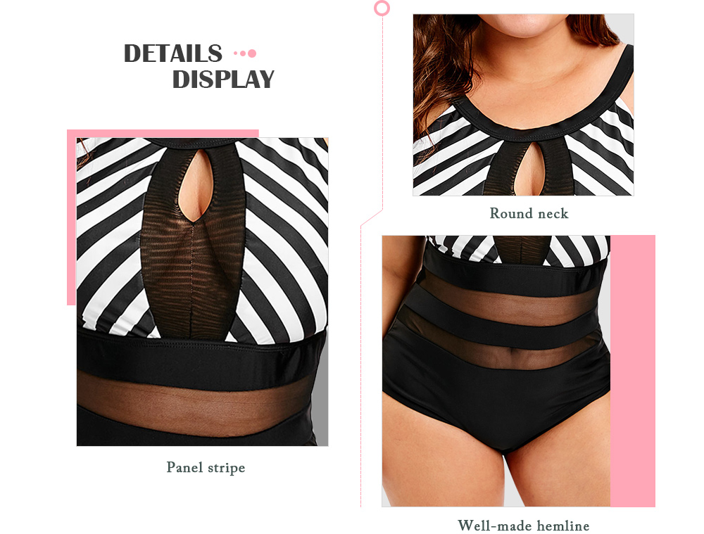 Plus Size Mesh Panel Striped Swimwear