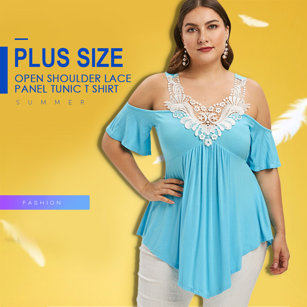 Plus Size Open Shoulder Lace Panel Tunic T Shirt