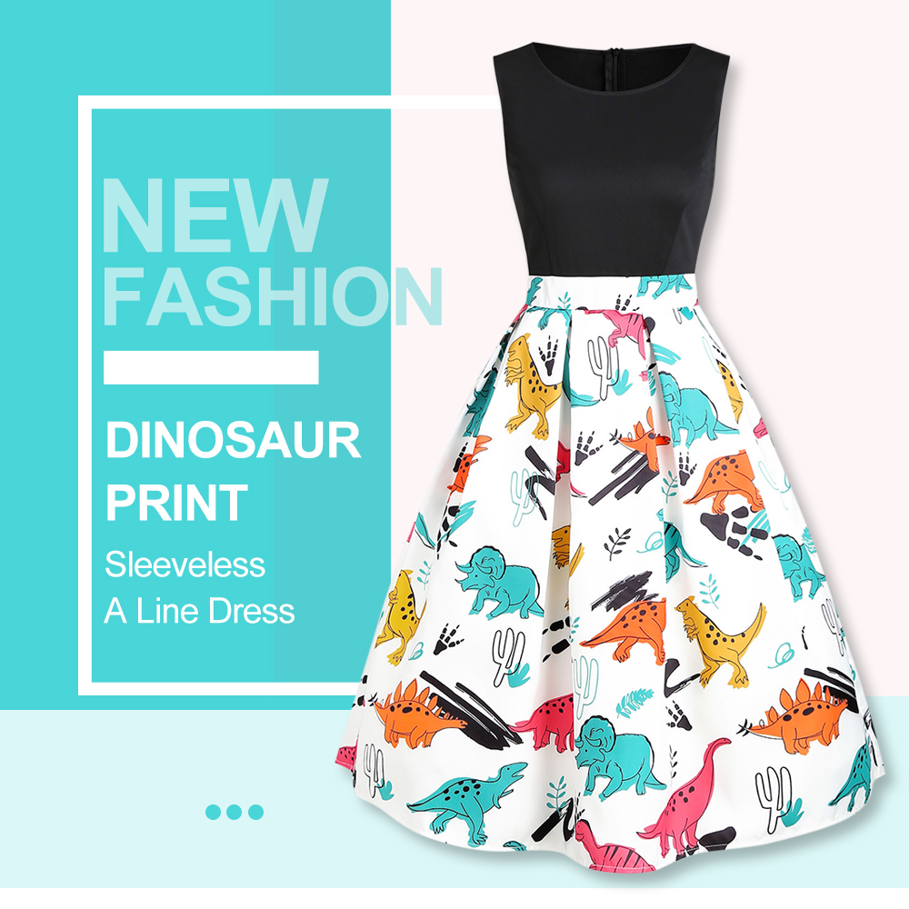 Dinosaur Print Sleeveless A Line Dress