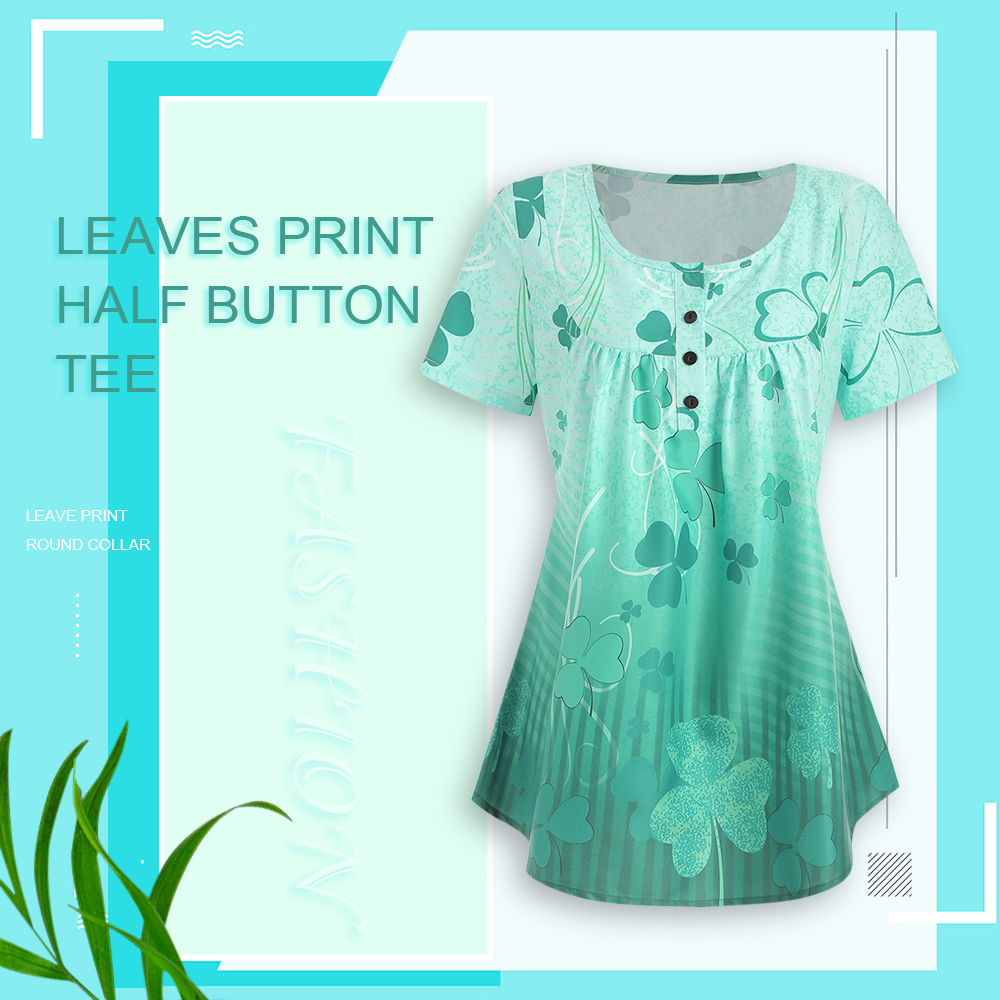 Leaves Print Half Button Tee