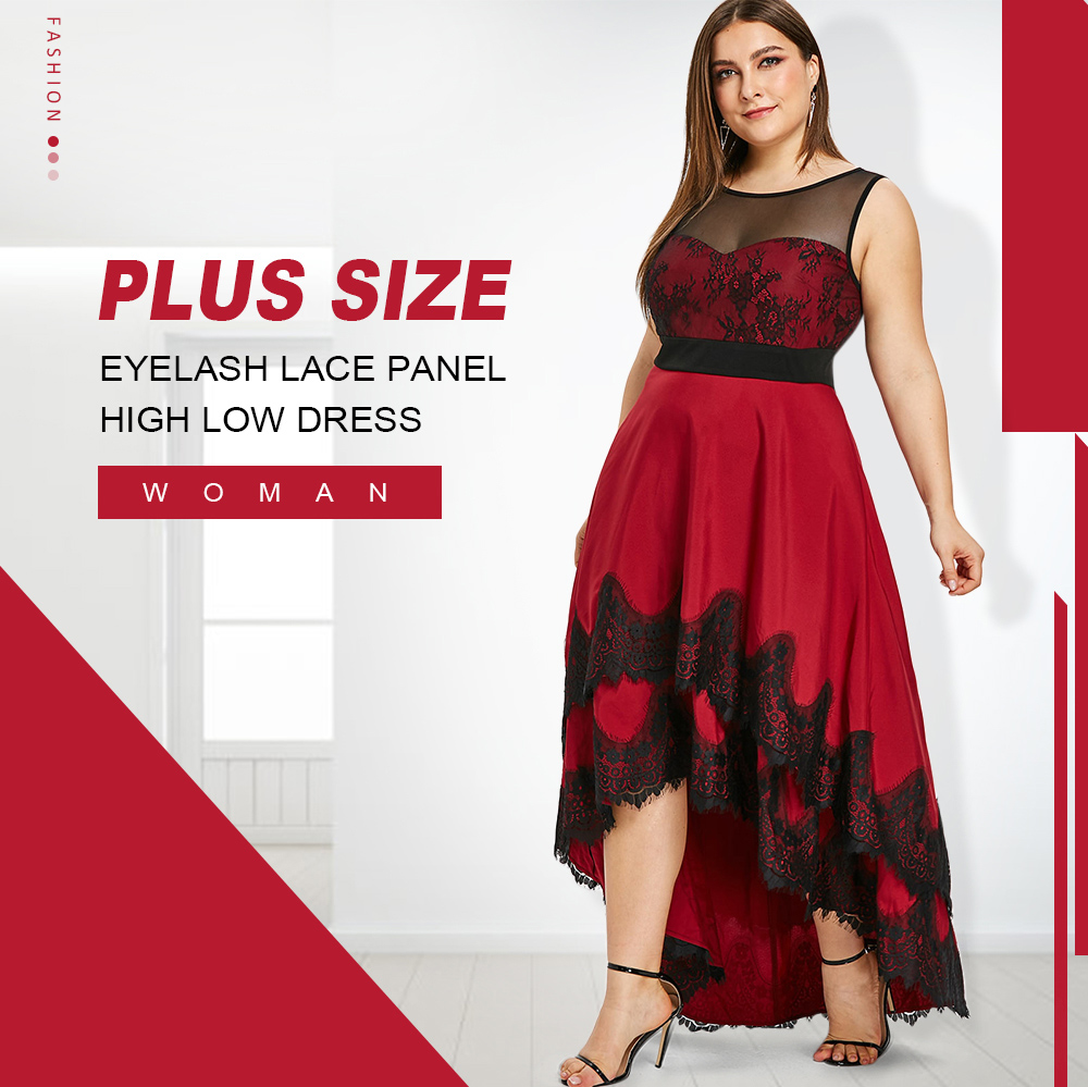 Plus Size Eyelash Lace Panel High Low Dress