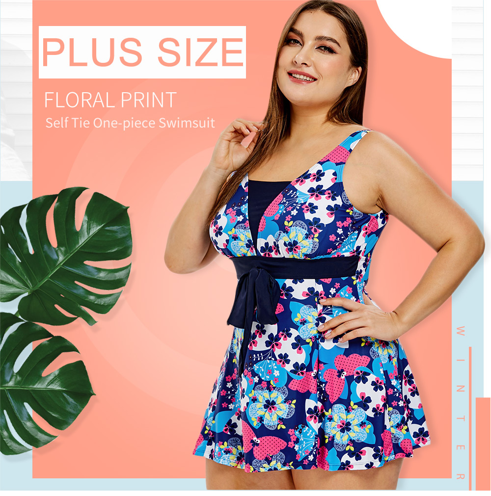 Plus Size Floral Print Self Tie One-piece Swimsuit