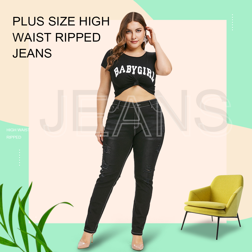 Plus Size High Waisted Ripped Jeans