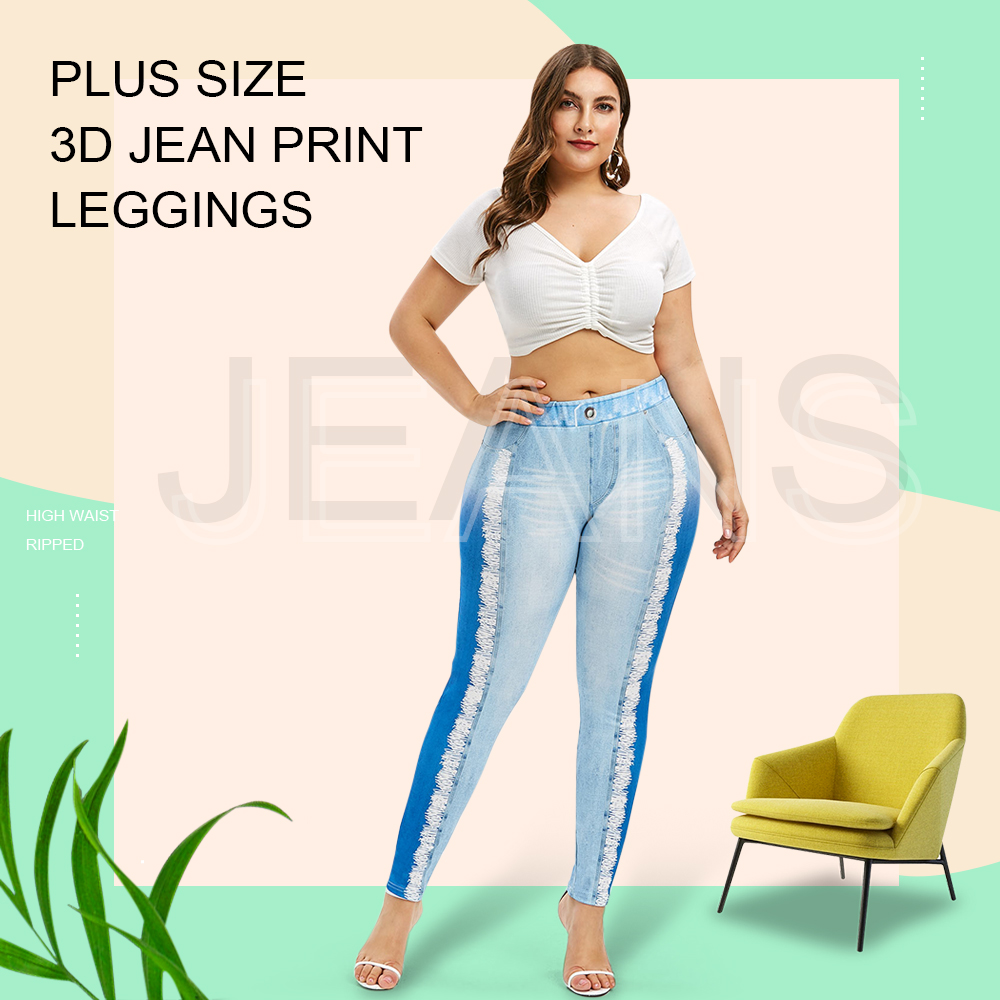 Plus Size 3D Jean Print Leggings