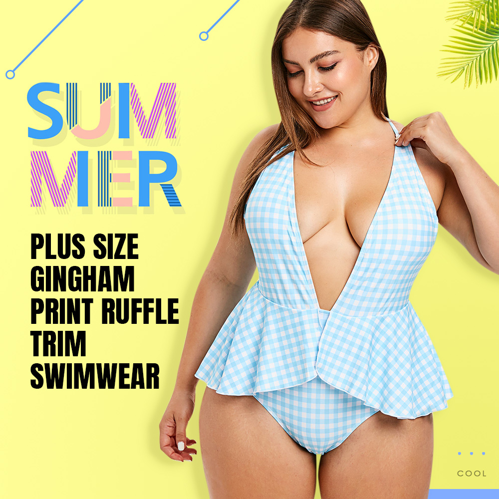 Plus Size Gingham Print Ruffle Trim Swimwear