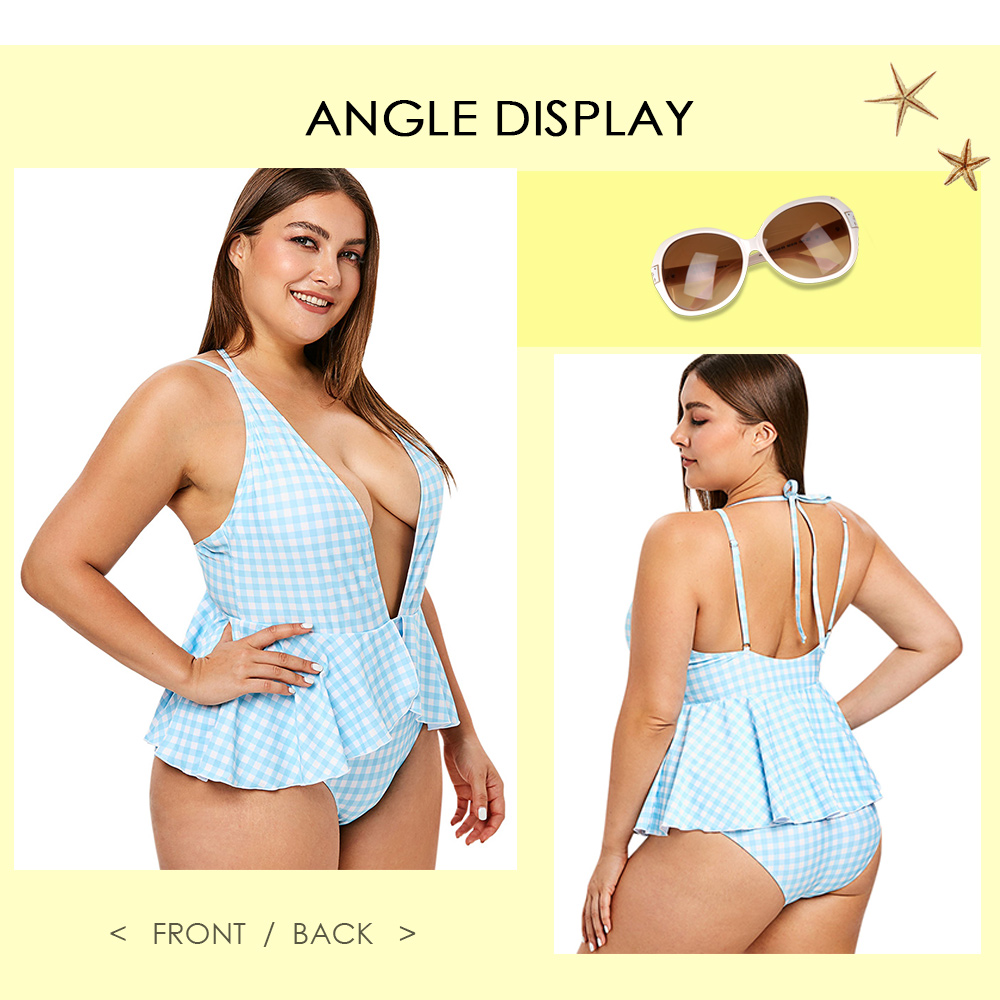 Plus Size Gingham Print Ruffle Trim Swimwear