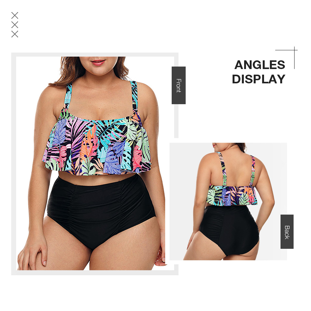 Plus Size Leaf Print Ruffle Trim Tankini Set