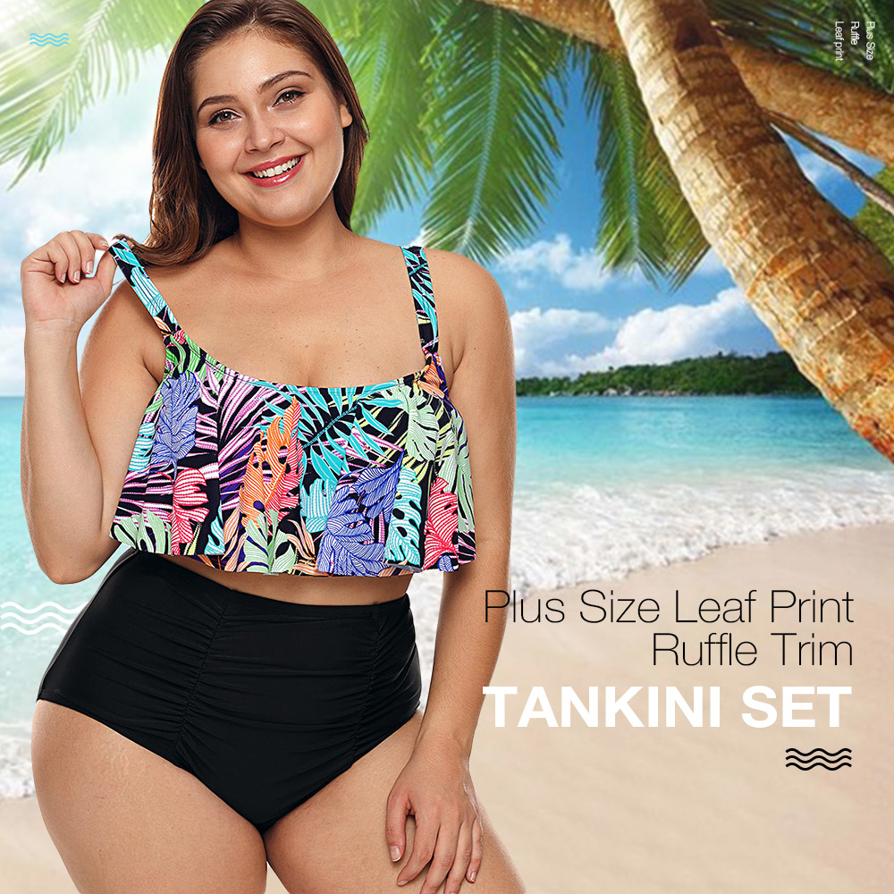 Plus Size Leaf Print Ruffle Trim Tankini Set