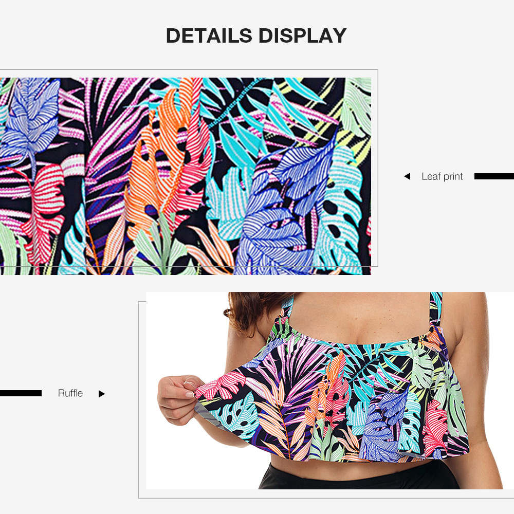 Plus Size Leaf Print Ruffle Trim Tankini Set