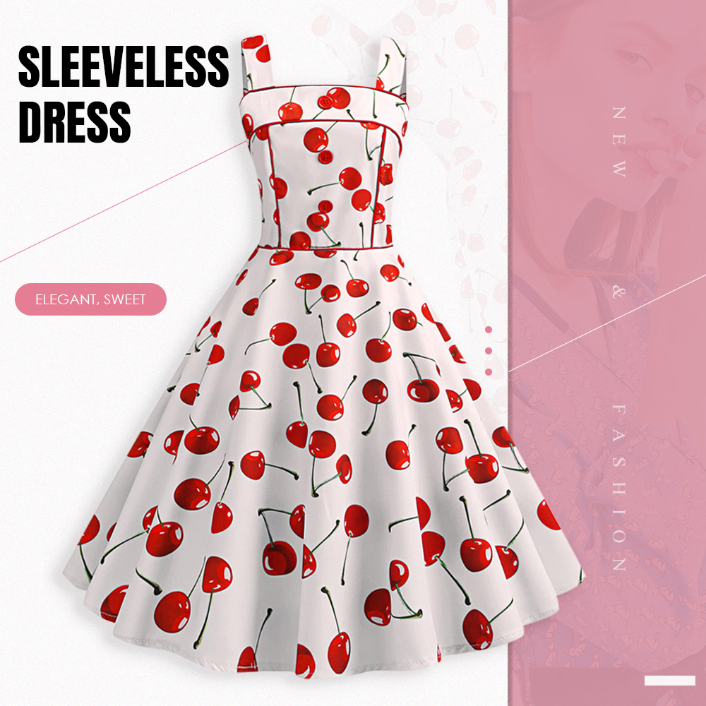 Dress Fruit Print A Line Elegant Shoulder Strap Big Hem