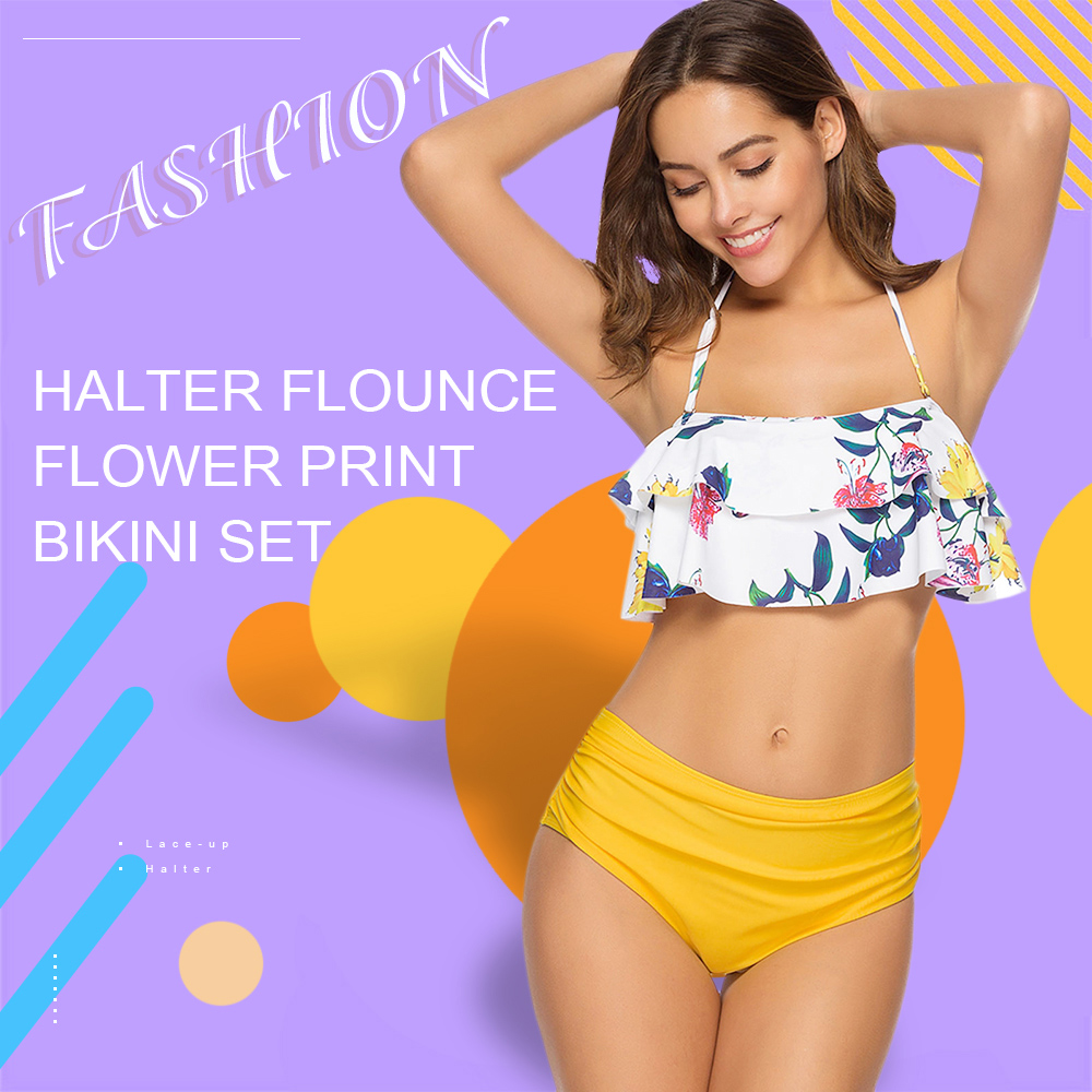 Halter Flounce Flower Print Bikini Set