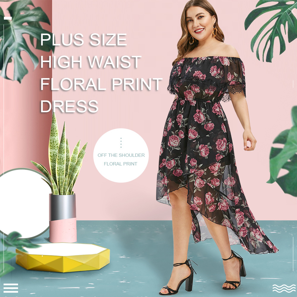 Plus Size High Waist Floral Print Dress