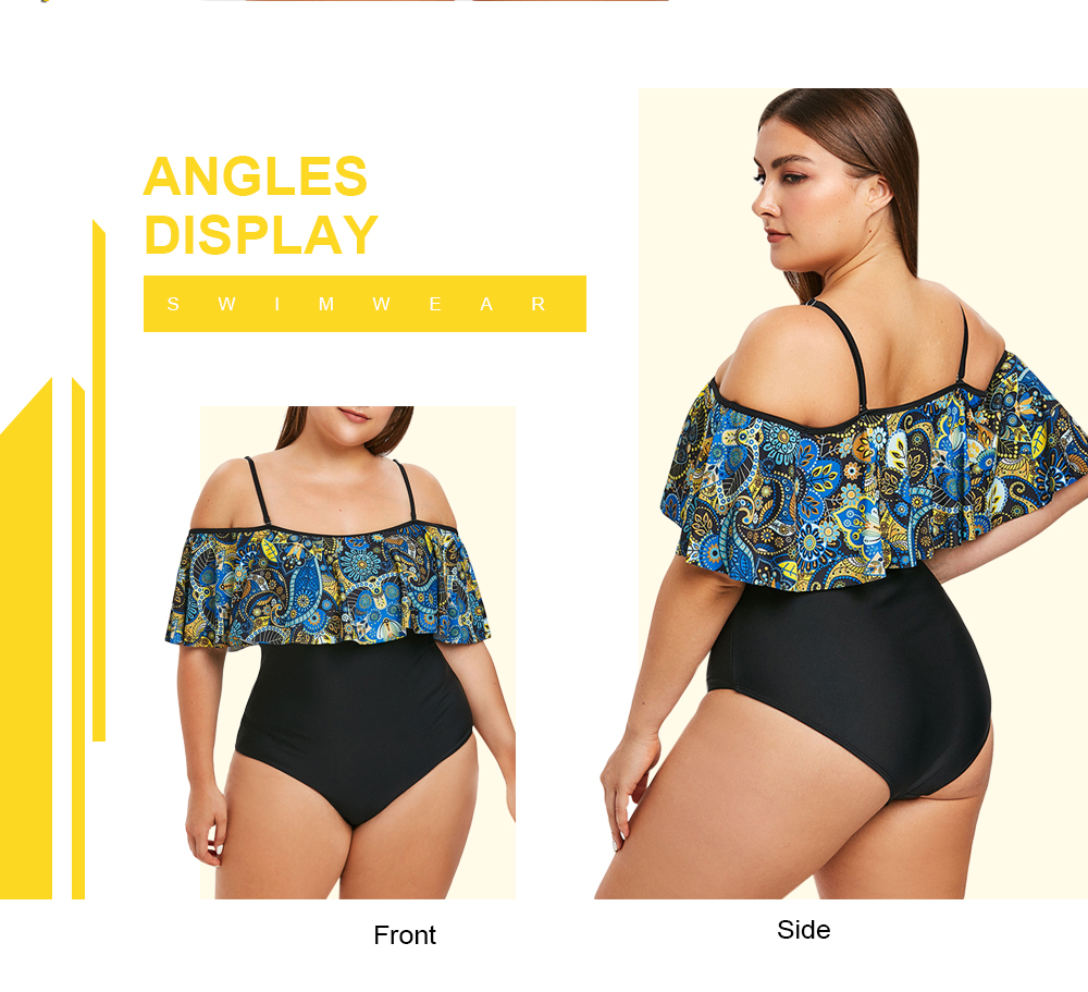 Plus Size Printed Ruffle Trim Swimwear