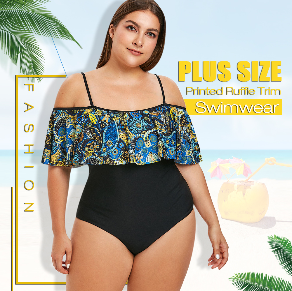 Plus Size Printed Ruffle Trim Swimwear