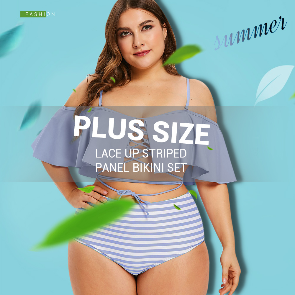 Plus Size Lace Up Striped Panel Bikini Set